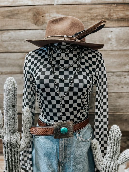 Checkered Long Sleeve Bodysuit (Black)